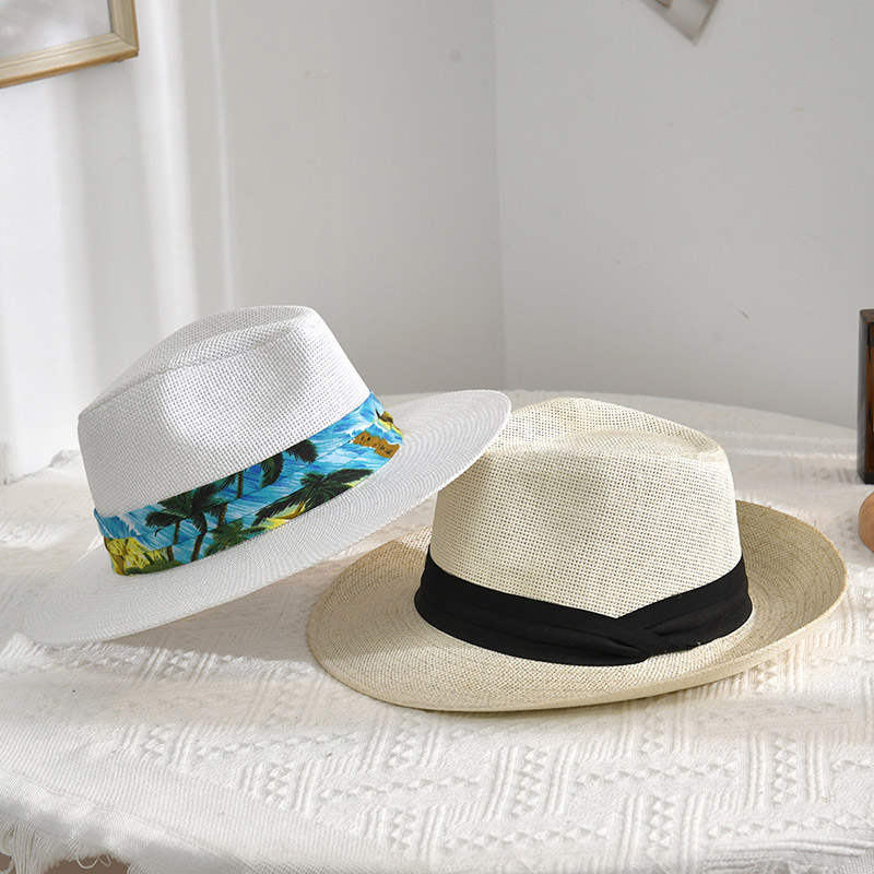 ອອກແບບເອງ Sun Protect White Fedora Straw Hat