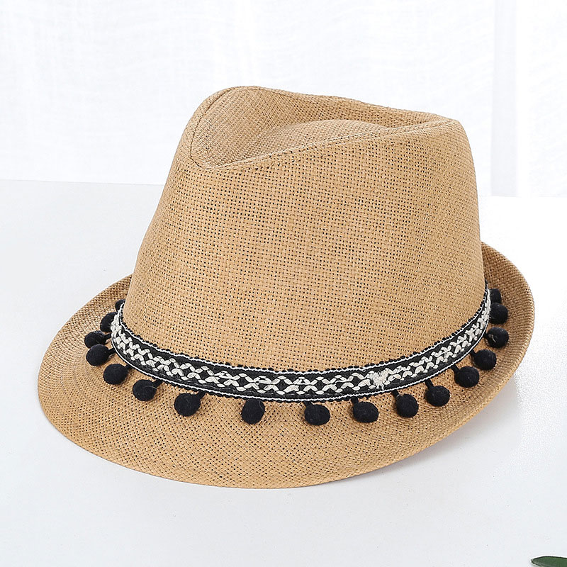 Cute Pom Pom Trim Mens Trilby Straw Hat